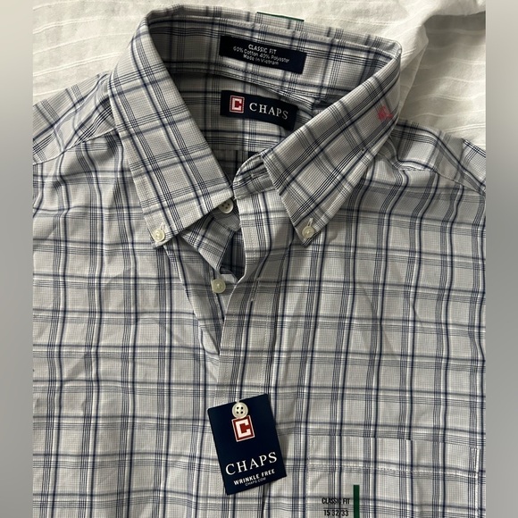 Chaps Mens Dress Shirt Oxford Gray Plaid Wrinkle Free Causal Size 15 32/33 - Picture 2 of 4